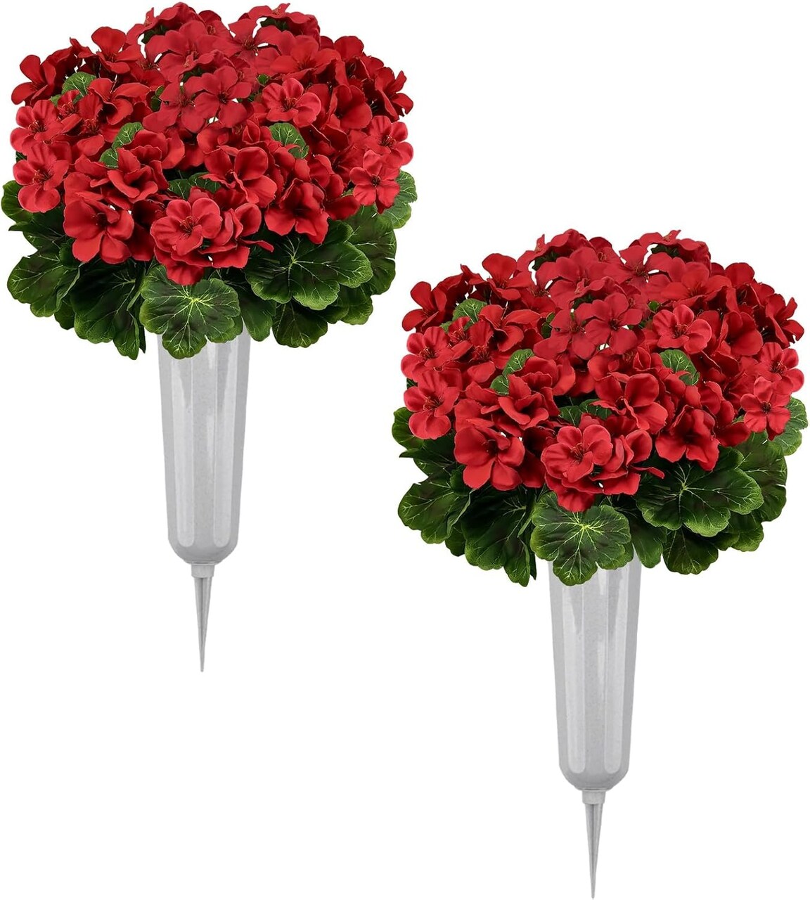 2 Sets Artificial Cemetery Flowers for Grave – Silk Geranium Bouquets with Grave Vase, 17" Red Memorial Flowers for Cemetery Gravesite Decorations